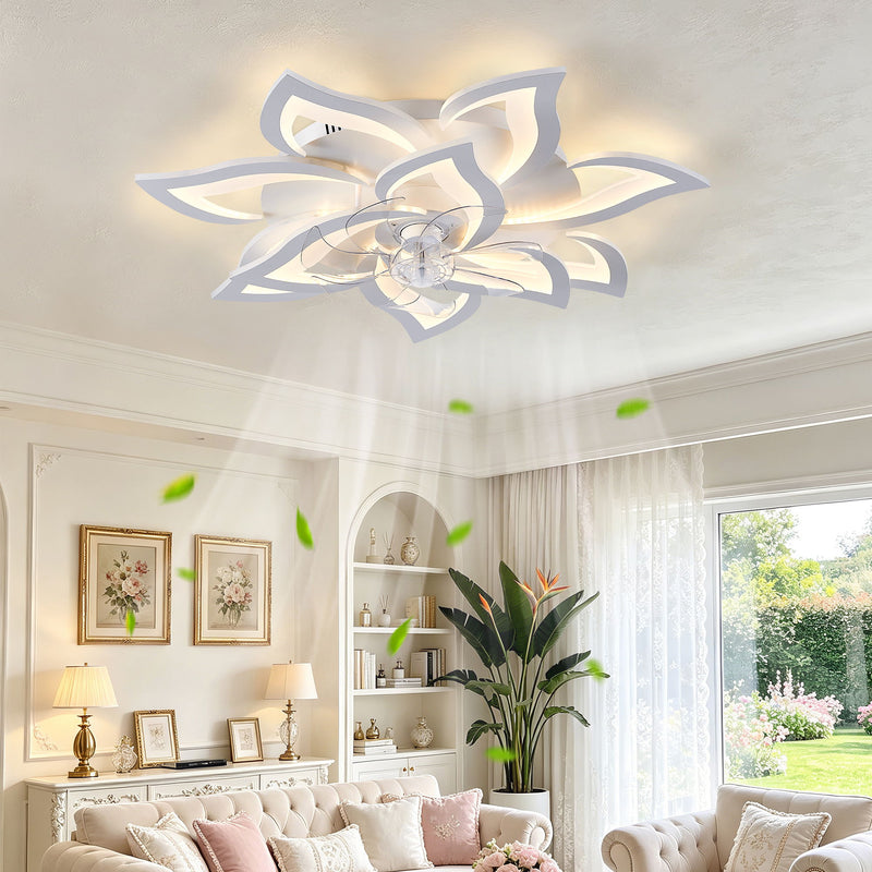 32" Flower Ceiling Fan With LED Dimmable Light, Low Profile Flush Mount Fan With Remote Control, 6 Speeds