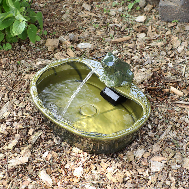 Frog Glazed Ceramic Outdoor Solar Water Fountain - 7 in