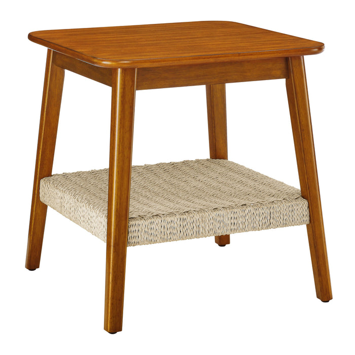 Mid - Century Square Side Table With Woven Shelf - Walnut
