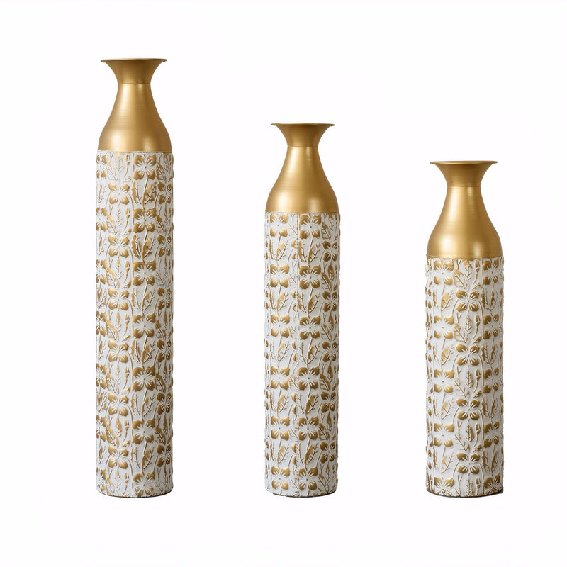 Mother's Day Gift Set Gilded White 3D Relief Flower Metal Vase Set - White / Gold