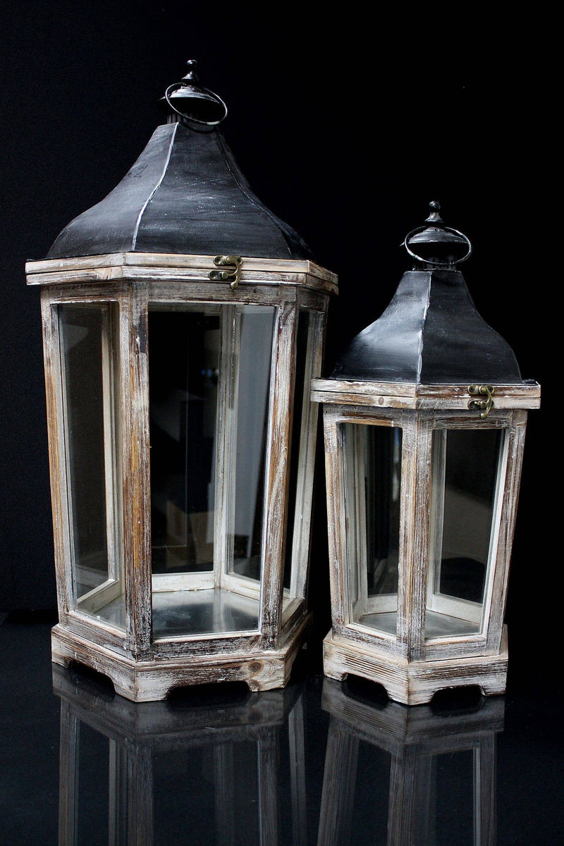 Wood Hexagon Lanterns S/2, 13.5x26h, 10x20h"