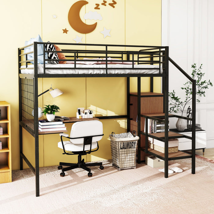 Loft Bed With Desk And Grid, Stylish Frame With Lateral Storage Ladder And Wardrobe