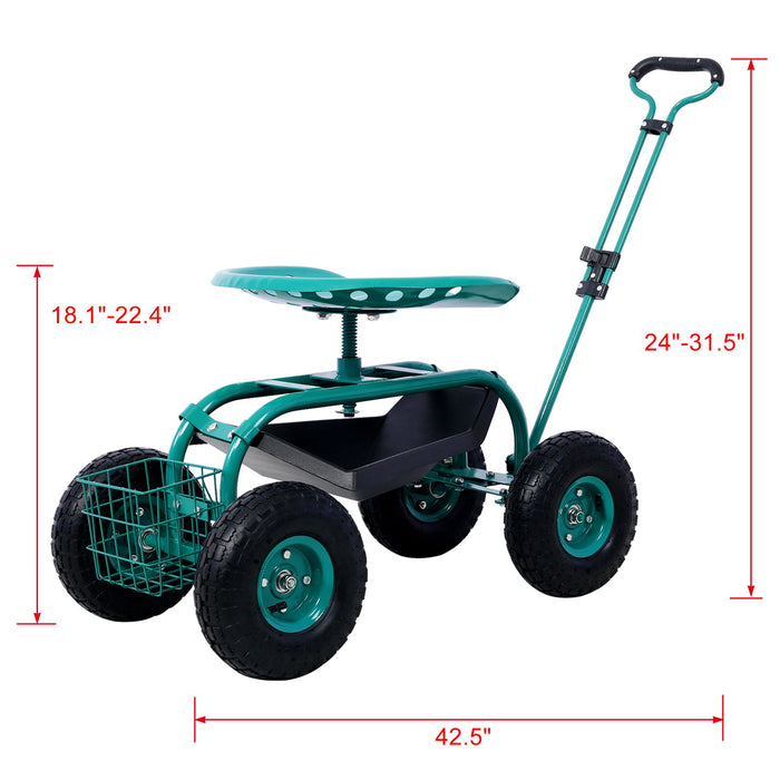 Rolling Garden Scooter Cart Seat With Wheels, 360 Swivel, Tool Tray