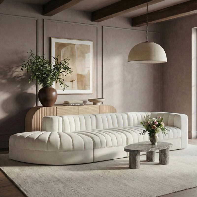 Rummi - Velvet Performance Fabric Upholstered 4 Piece Modular Sectional With Reverse Corner Chair