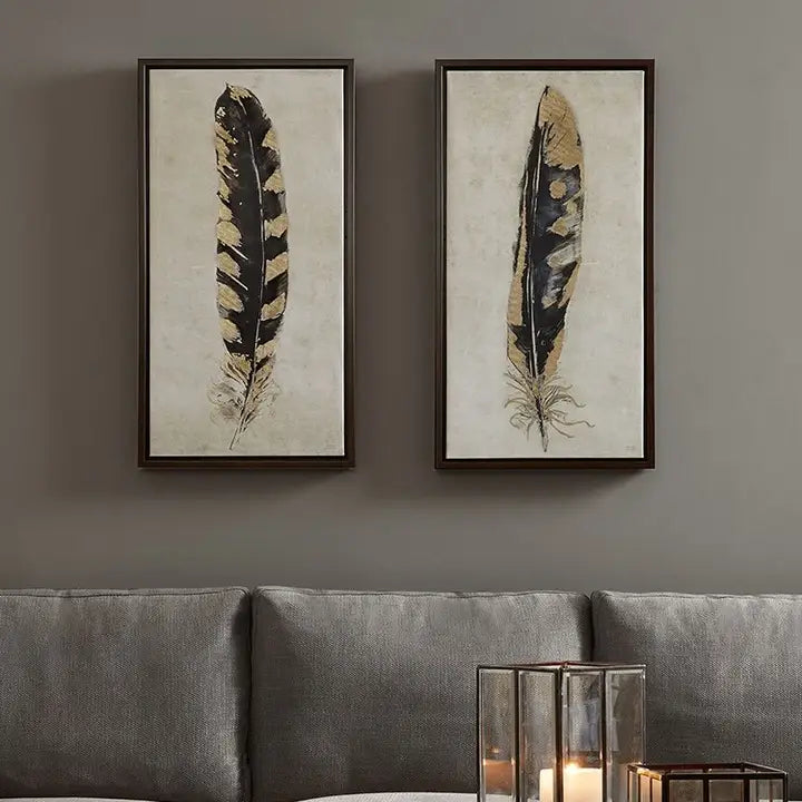 Gilded Black & Gold Feathers Wall Decor Canvas Art | Set of 2 | 16.75"Wx31.75"H Each