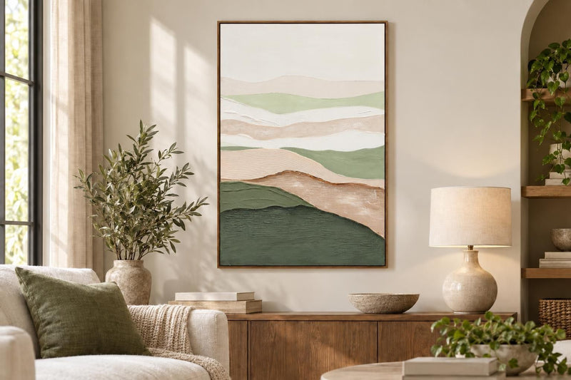 Sage Ridge Glow II - 32 X 47 - Hand-Painted Neon Canvas In Frame - Green, Cream