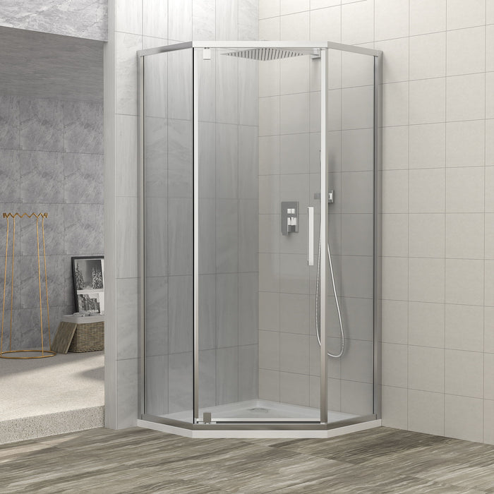 Diamond Shaped Corner Shower Door, Inward Sliding, Stainless Steel Frame