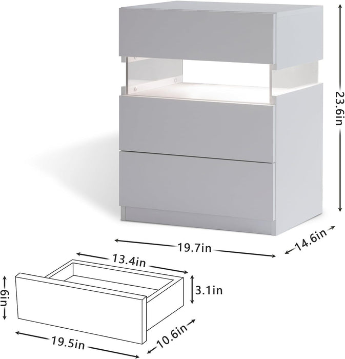 LED Nightstands, 3 Drawer For Bedroom