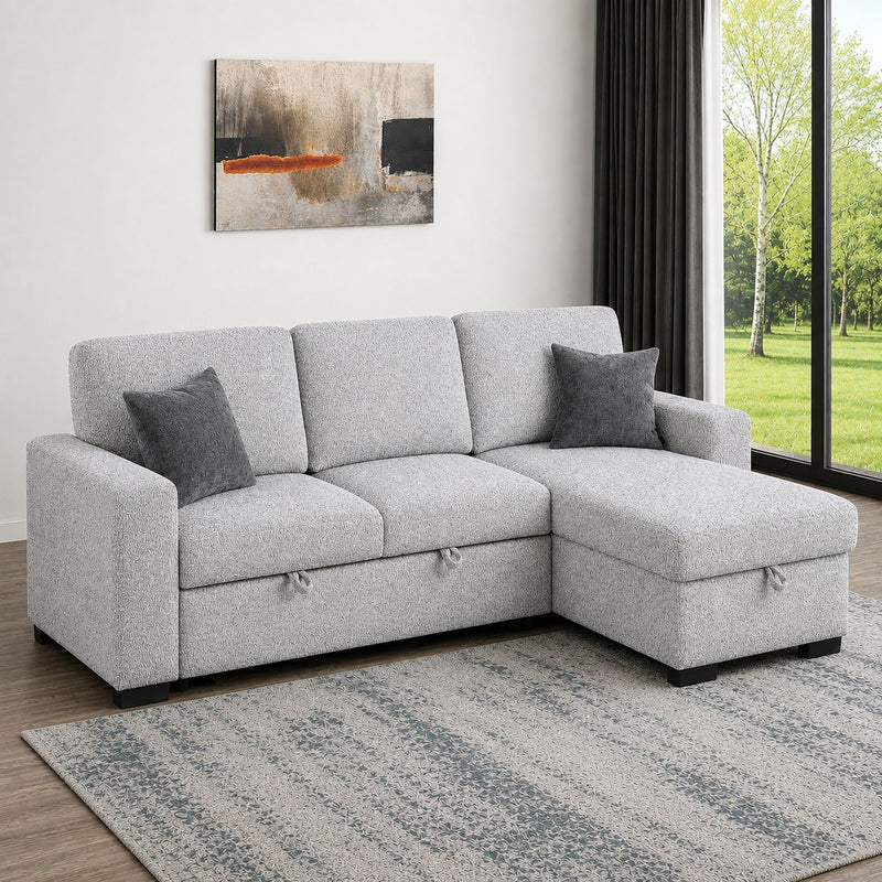 Buzz - Reversible Sleeper Sectional Sofa With Storage Chaise, Console Arm, USB Charging & Cup Holders - Gray