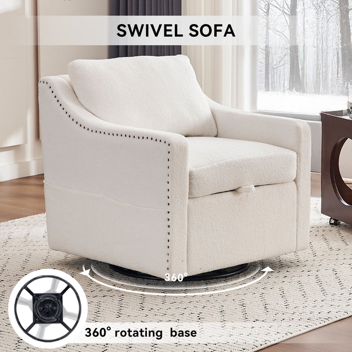 Linen Fabric 360° Swivel Accent Chair With Upholstered Back Pillow And Rivet Armrest