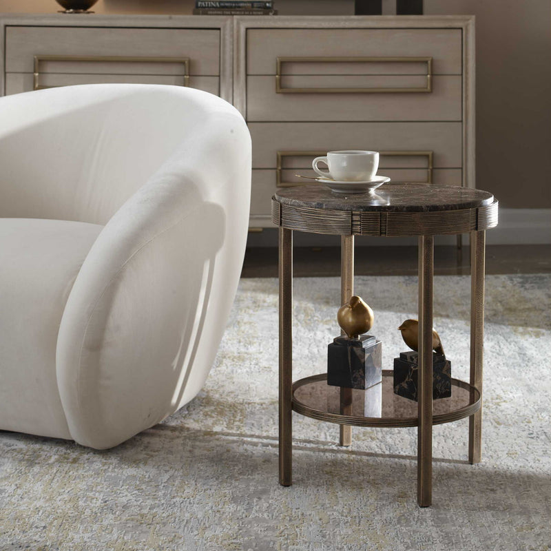 Cusano - Round Dark Marble Accent Table - Brass / Brown