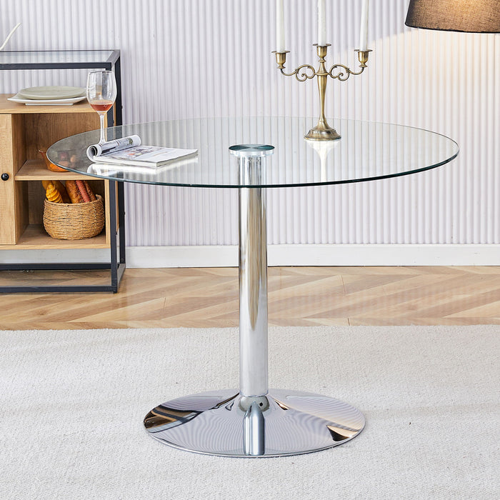 Modern Minimalist Circular Dining Table With Glass Top And Electroplated Metal Legs For Restaurants And Living Rooms - Silver / Transparent