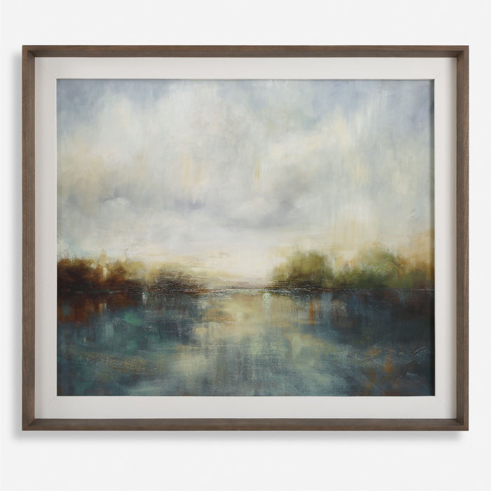 Blue Reverie - Framed Abstract Lake Print - Light Brown