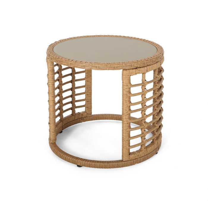 Outdoor Side Table With Tempered Glass Top And Rattan Wicker Cover - Light Brown