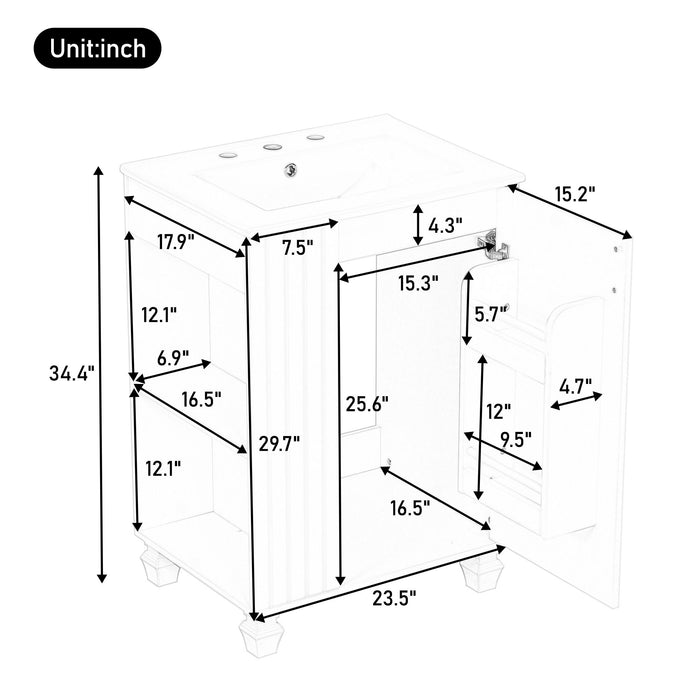 Classic Retro Bathroom Vanity With Sink, Door Shelf, Side Open Storage Frame