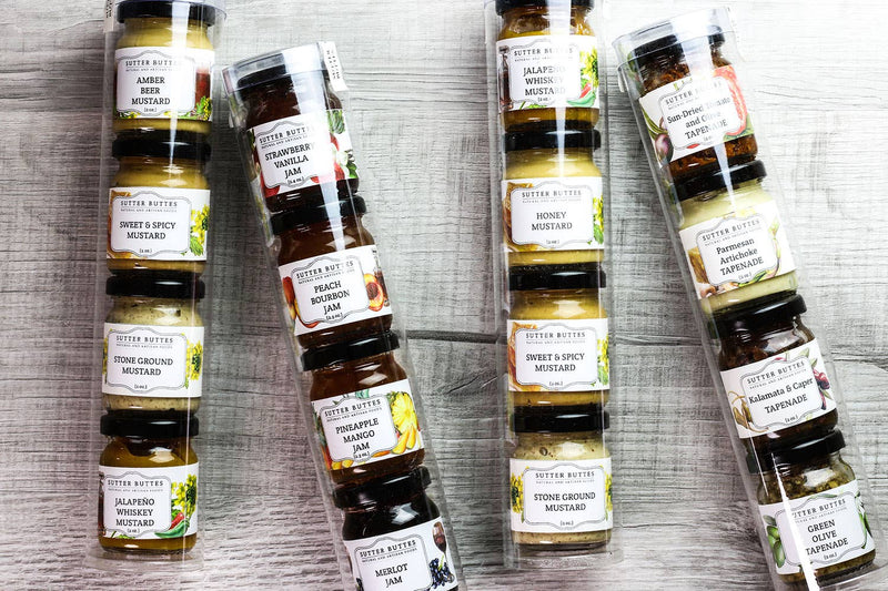 Gourmet Gift Tubes – 4 Mini Jars: Jam, Mustard, or Tapenade