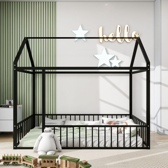 Metal Bed House Bed Frame With Fence