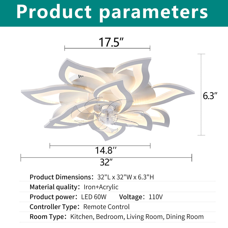 32" Flower Ceiling Fan With LED Dimmable Light, Low Profile Flush Mount Fan With Remote Control, 6 Speeds