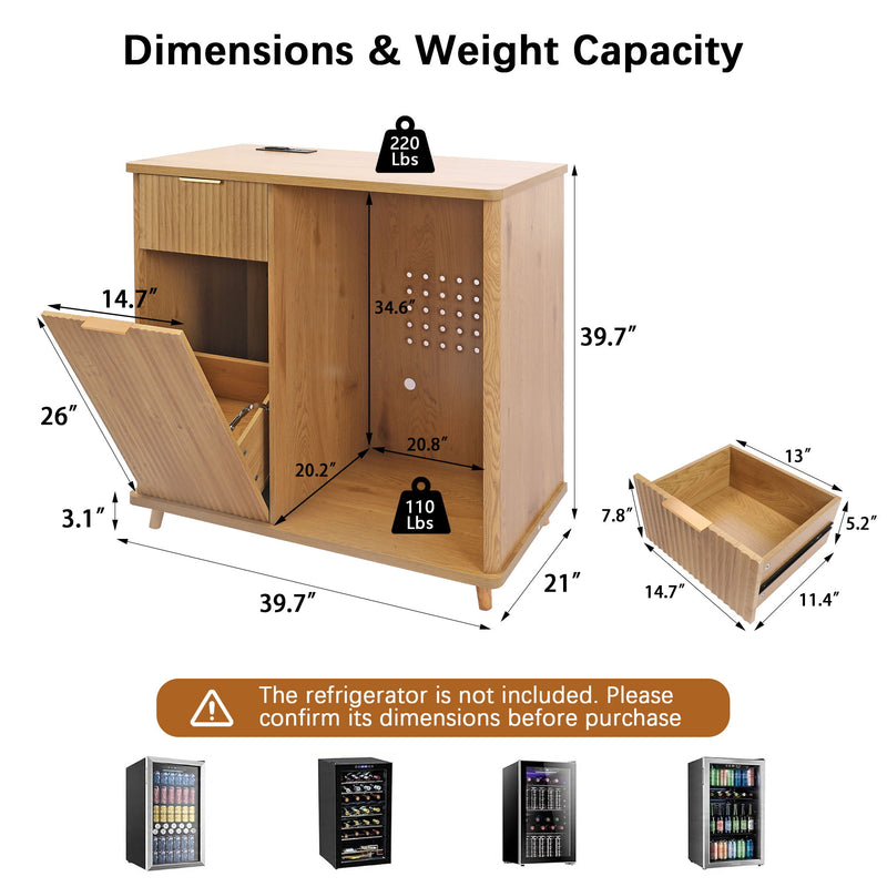 Fluted Coffee Bar Cabinet With Mini Fridge Space & Charging Station - Natural