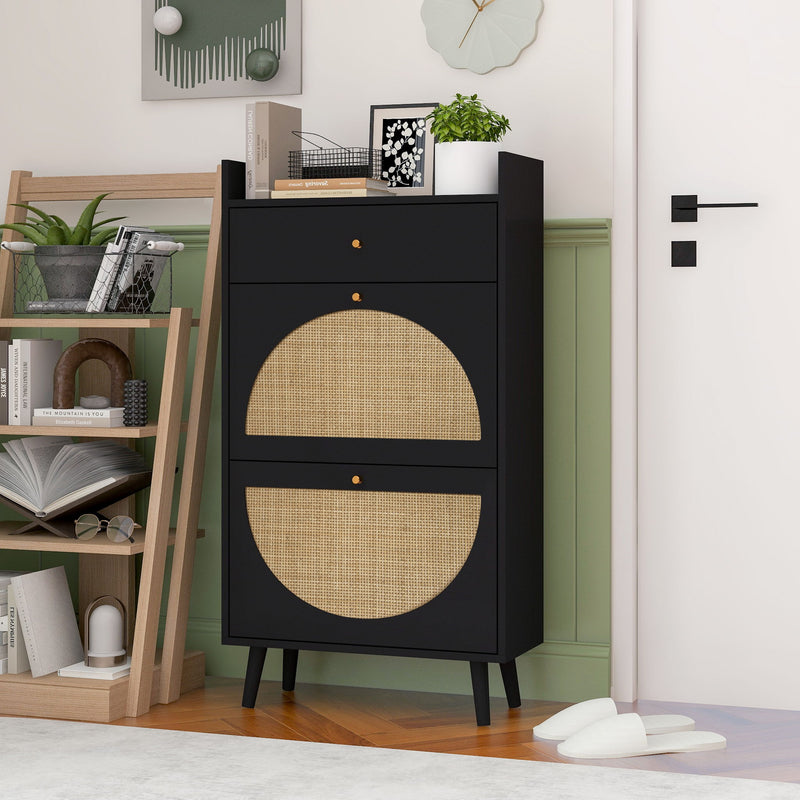 Allen - Rattan 2 Door 1 Drawer Cabinet Shoe Rack For Entrance