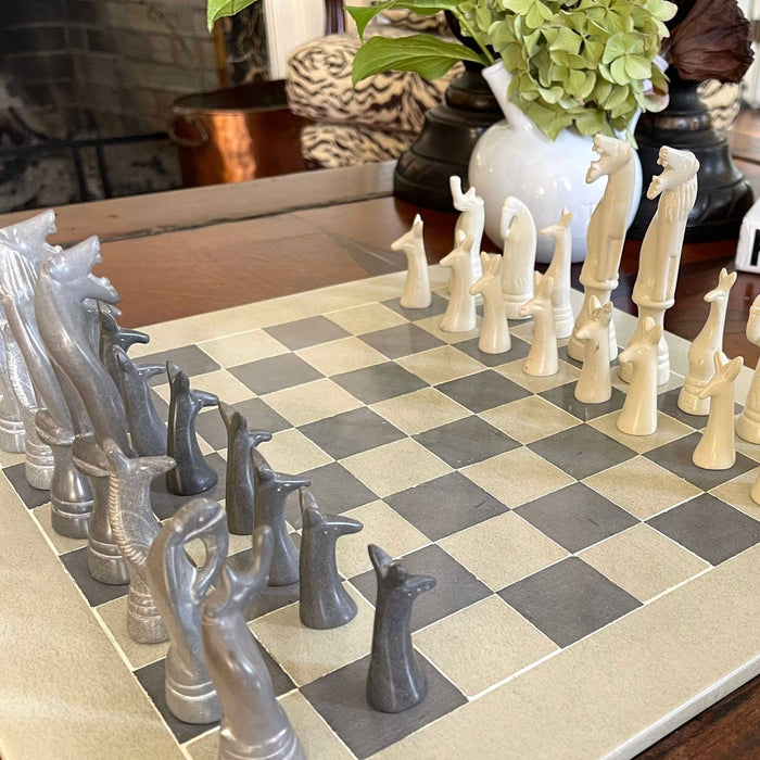 Hand-Carved Soapstone Chess Set - Safari Animals