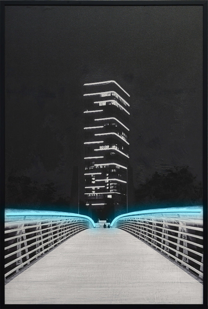 Electric Promenade - 32 X 48 - Hand-Embellished Color Changing Neon Canva - Black