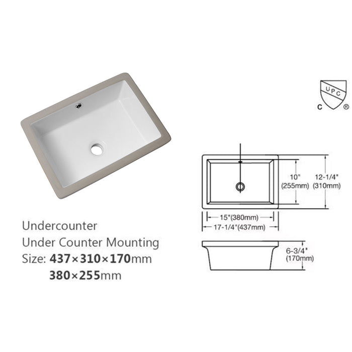 Modern Rectangular Undermount Bathroom Sink With Overflow Ceramic