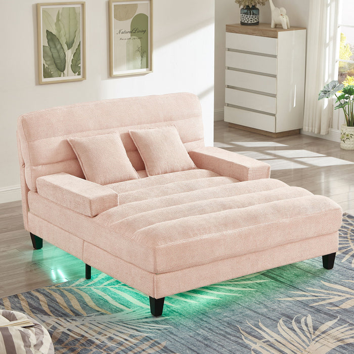 Chaise Bed Lounge Sofa Chair With Adjustable Backrest And LED Light Strip - Pink