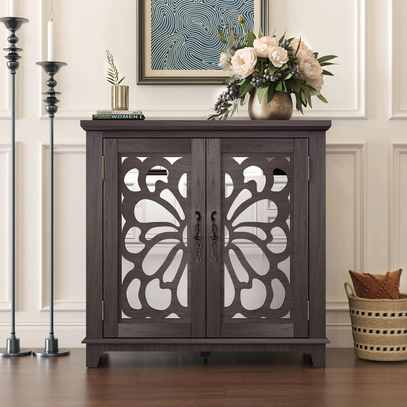 Elegant Sideboard With 2 Acrylic Mirrored Doors, Adjustable Shelf Storage