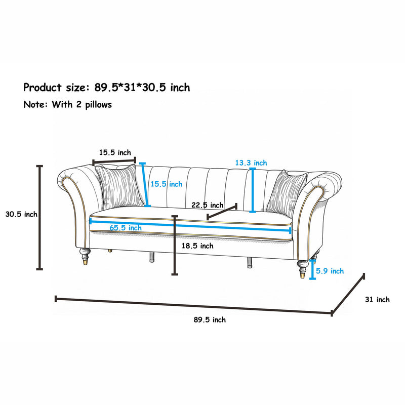 3 Seater Sofa With Rolled Arms, Vertical Channel Tufted Backrest
