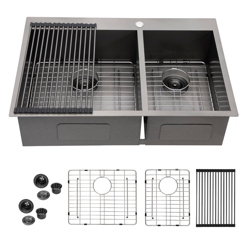 Double Bowl Drop In Sink With 2 - 9" Deep Basins - Gunmetal Black