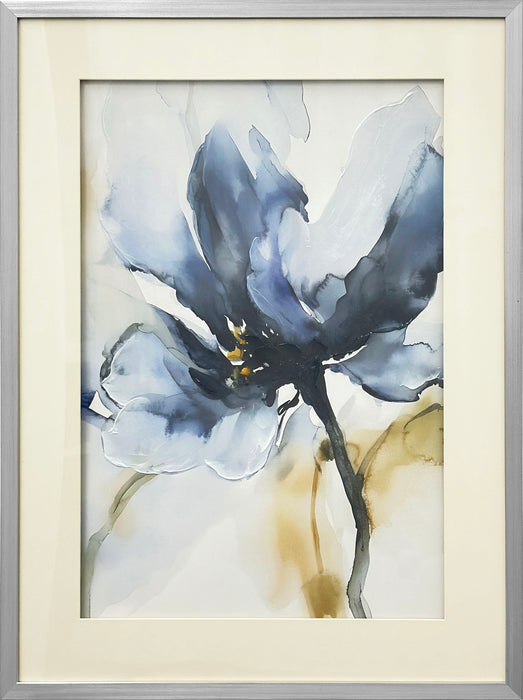 "Mystic Blossom" Hand-Embellished Framed Under Acrylic - Blue / Taupe / Silver