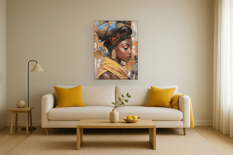 Hand Painted Framed Textured Canvas - Woman Of Gold - Yellow
