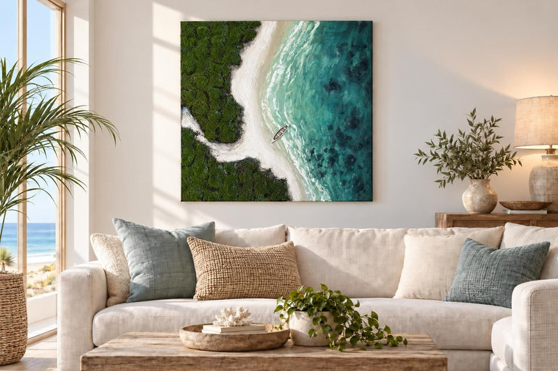 Hidden Lagoon - 40 X 40 - Hand-Painted Wrapped Canvas With Faux Moss - Turquoise
