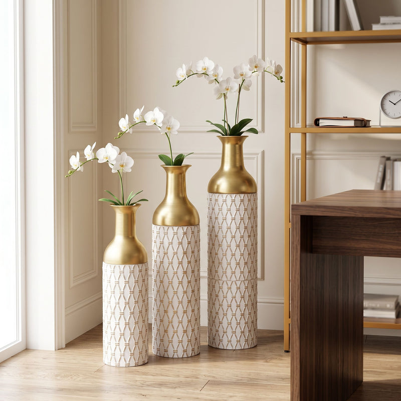 Diamond Embossed Floor Tall Vases Home Decor (Set of 3) - White / Gold