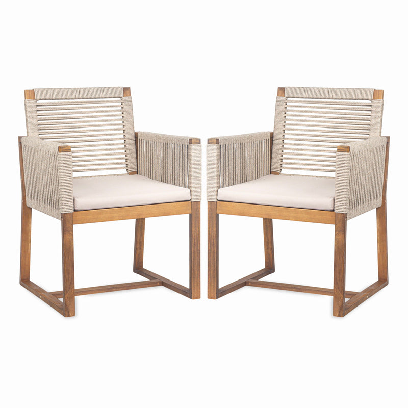 Acacia Wood Outdoor Dining Chairs (Set of 2) With Rope Design Back And Arms, Washable Cushion - Light Brown