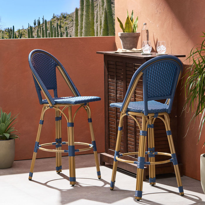 Outdoor Rattan And Aluminum French Barstools (Set of 2)