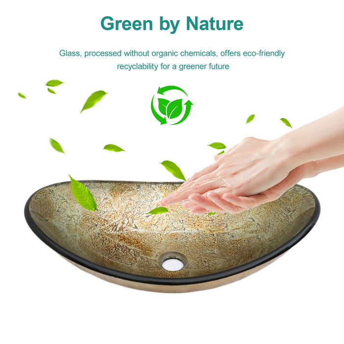 Tempered Glass Vessel Sink With Boat Shape Pop-Up Drain
