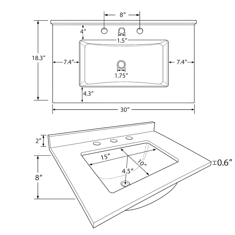 Basin Sink, 0.6" Ultra Thin Profile, Triple Faucet Holes
