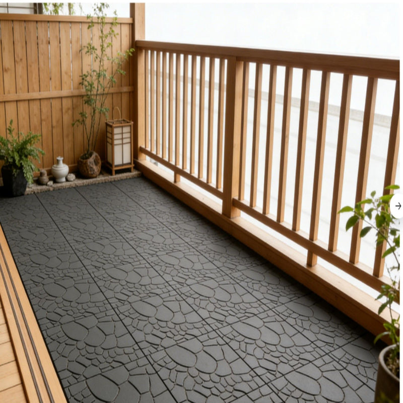 Stone Texture Patio Deck Tiles, Diy Interlocking Floor Tiles (Set of 44) - Dark Gray