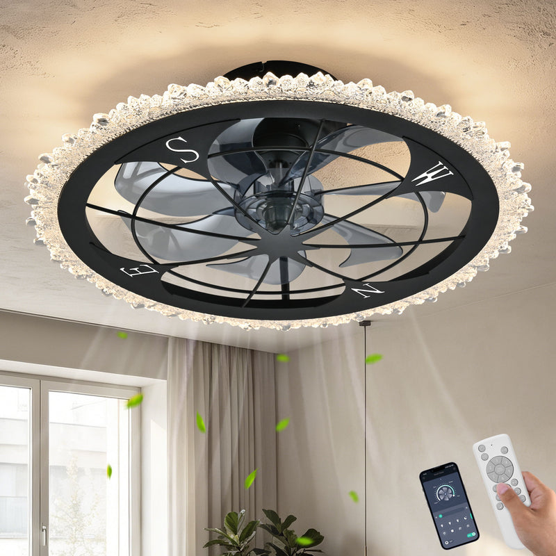 21" Caged Ceiling Fan With Dimmable LED Light And Remote Control, Low Profile Flush Mount Fan - Matte Black