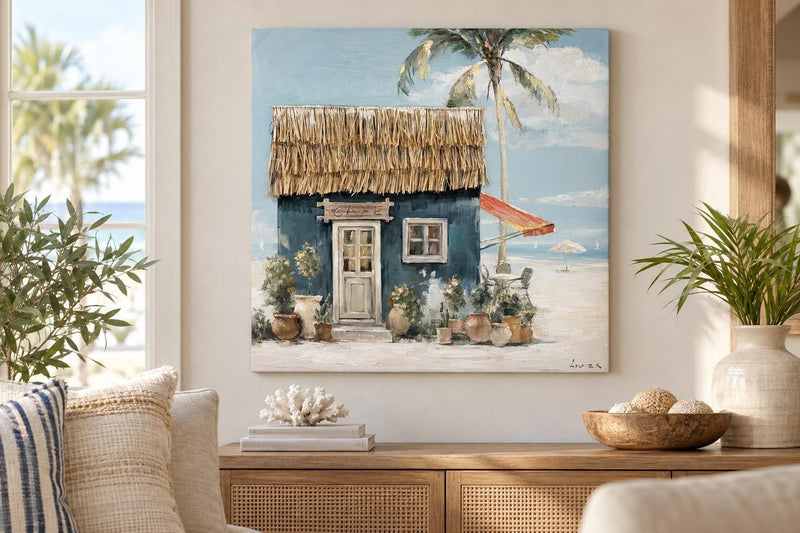 Salt Air Café - 40 X 40 - Hand-Embellished Wrapped Canvas With Raffia Grass - Blue