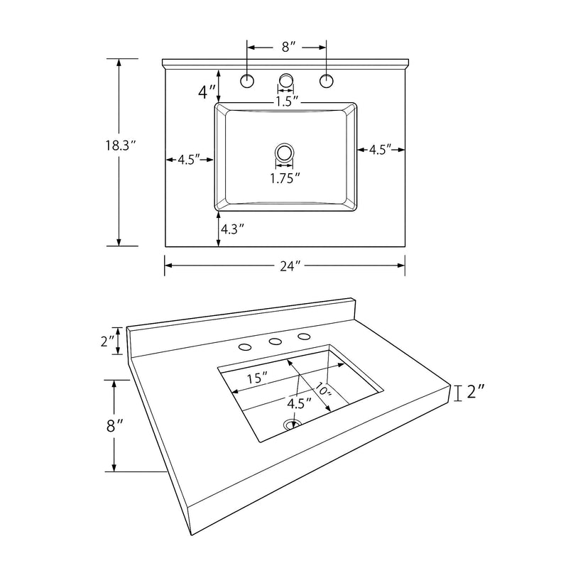 Basin Sink With 2" Thick Rim, Triple Faucet Holes, Sink Only