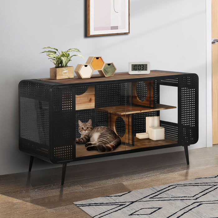 Modern Spacious Cat House With Tempered Glass And Iron Frame For Living Room - Black / Brown