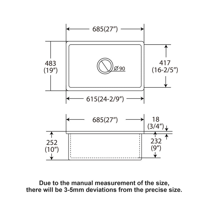 Undermount Single Bowl Ceramic Kitchen Sink, Dual Mount