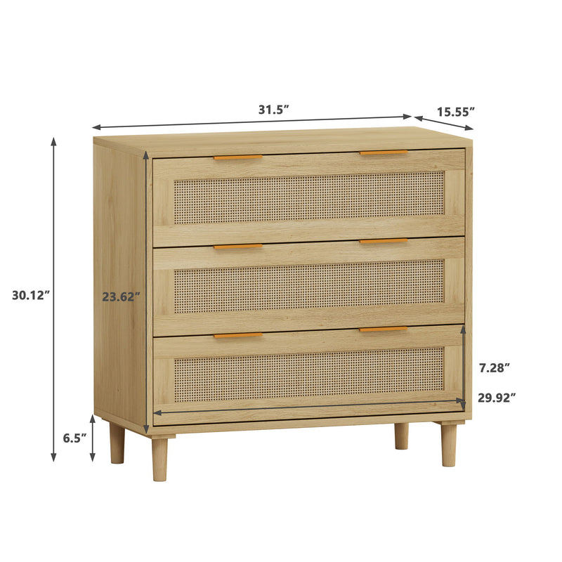 3 Drawers Rattan Storage Cabinet Rattan Drawer, For Bedroom, Living Room, Dining Room, Hallways (Set of 2) - Oak