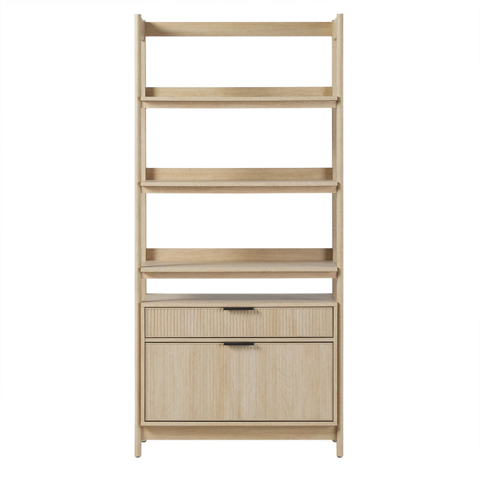 Transitional Wide Reeded Bookshelf With Drawers On Bottom