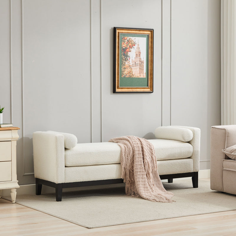 Upholstered End Of Bed Bench With Arms, 2 Bolsters For Bedroom - Ivory