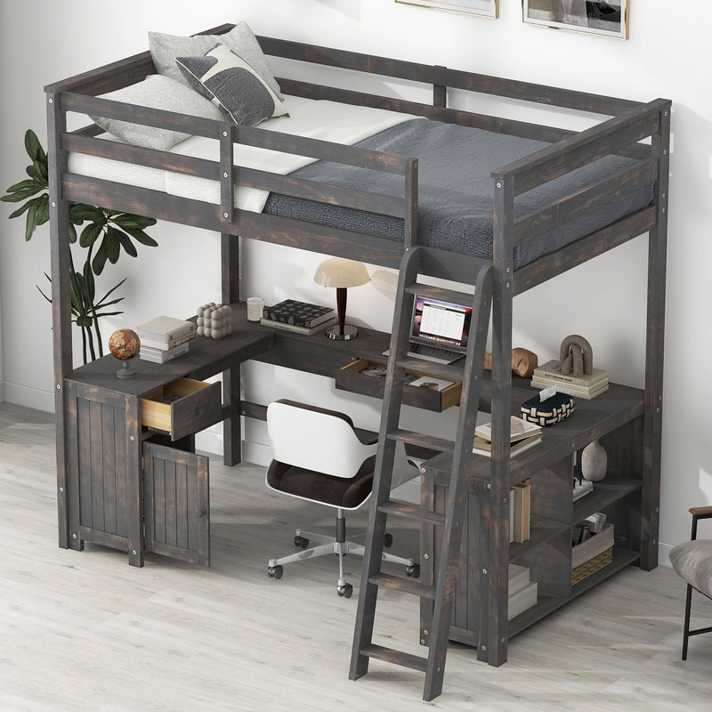 Loft Bed With U-Shaped Desk, Drawers, And Storage Shelves