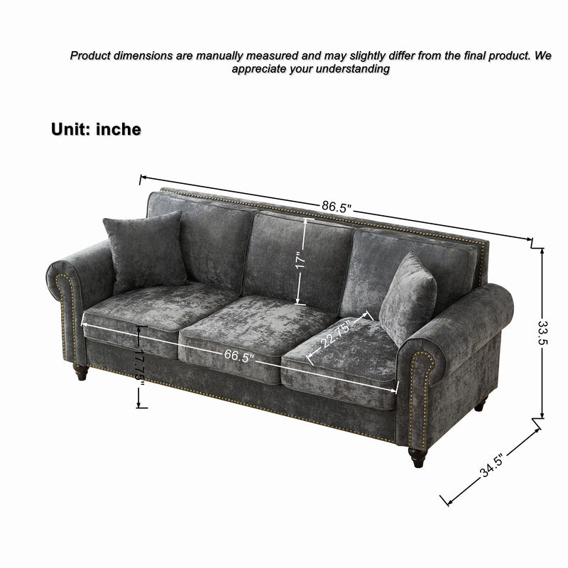 3 And 2 Seater Sofa With Rolled Arms, Tufted Upholstered Couch - Gray